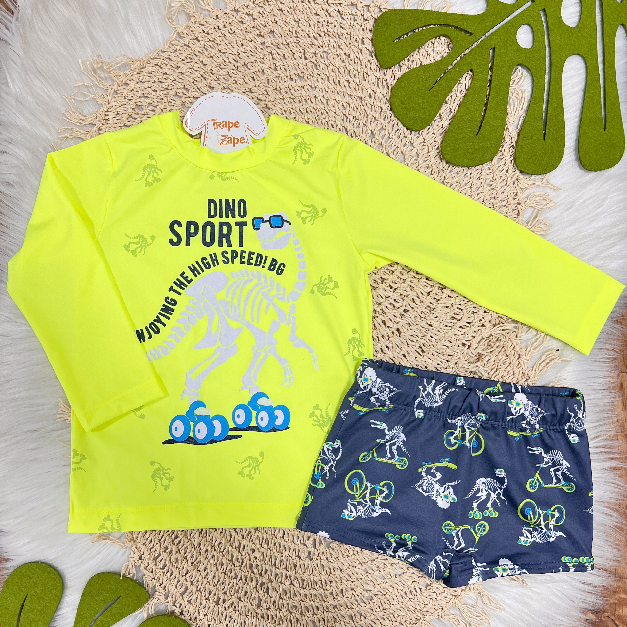 Linha Praia - Blusa Manga Longa Dino Sport e Sunga com Proteção UV50+ - Amarelo Fluorescente 